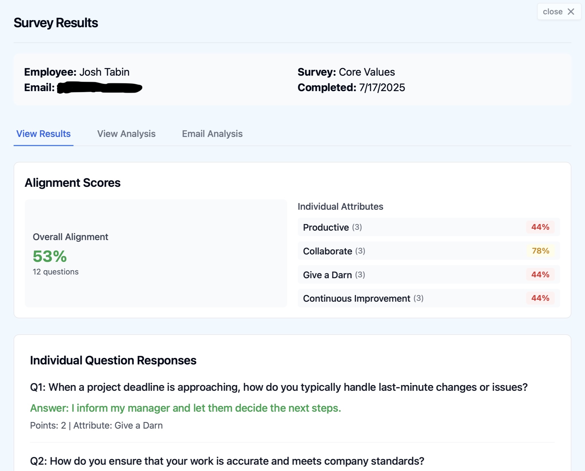 Individual survey results and analysis